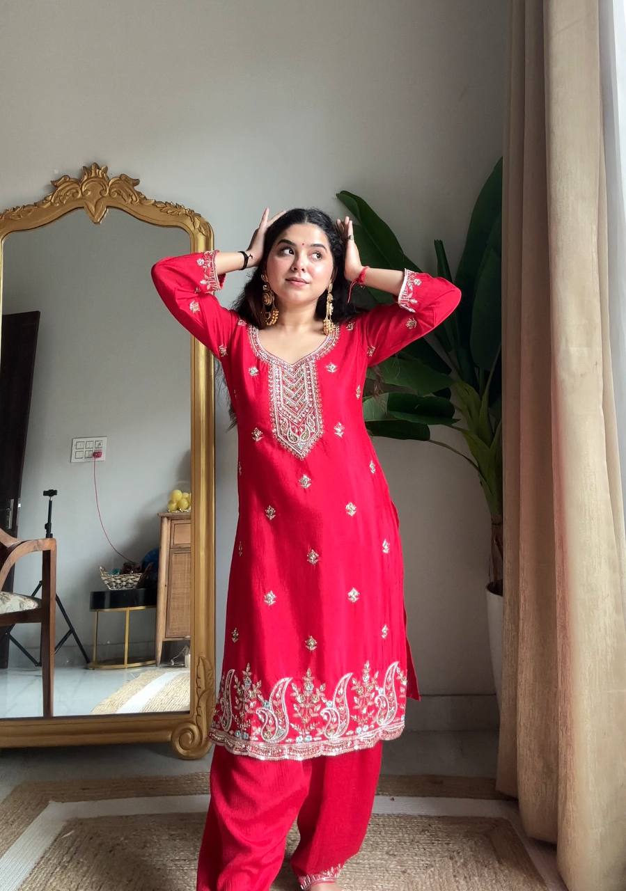 Red Designer Premium Chinon Kurta Set