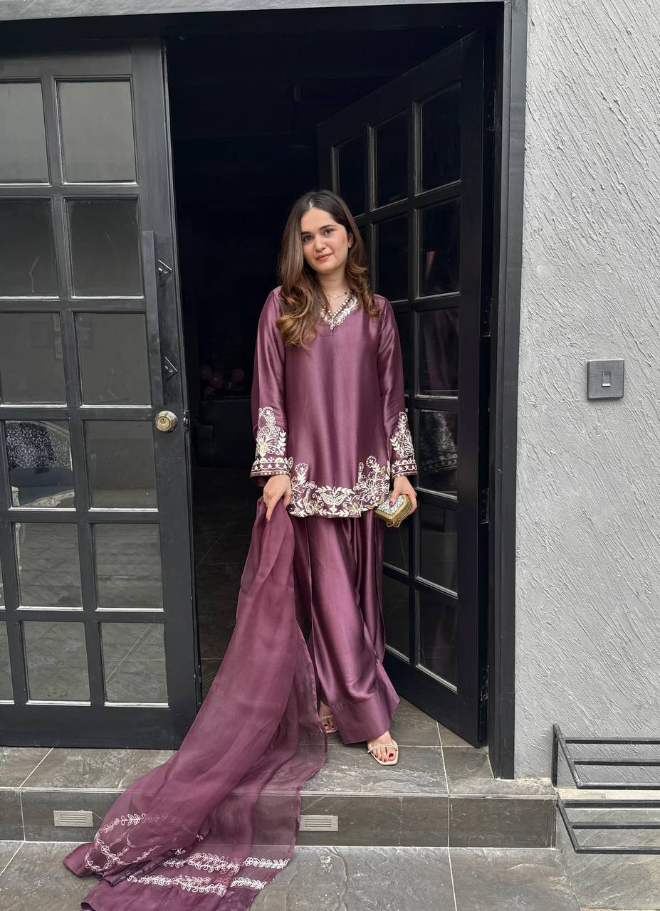 Natural Crepe Silk Embroidered Top Farshi Pant Set with Dupatta