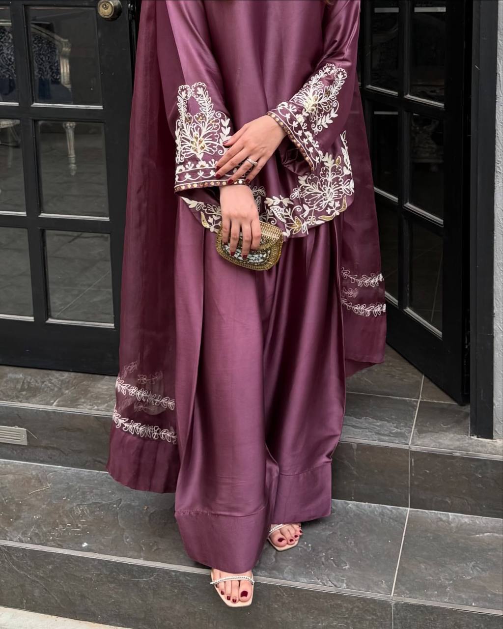 Natural Crepe Silk Embroidered Top Farshi Pant Set with Dupatta