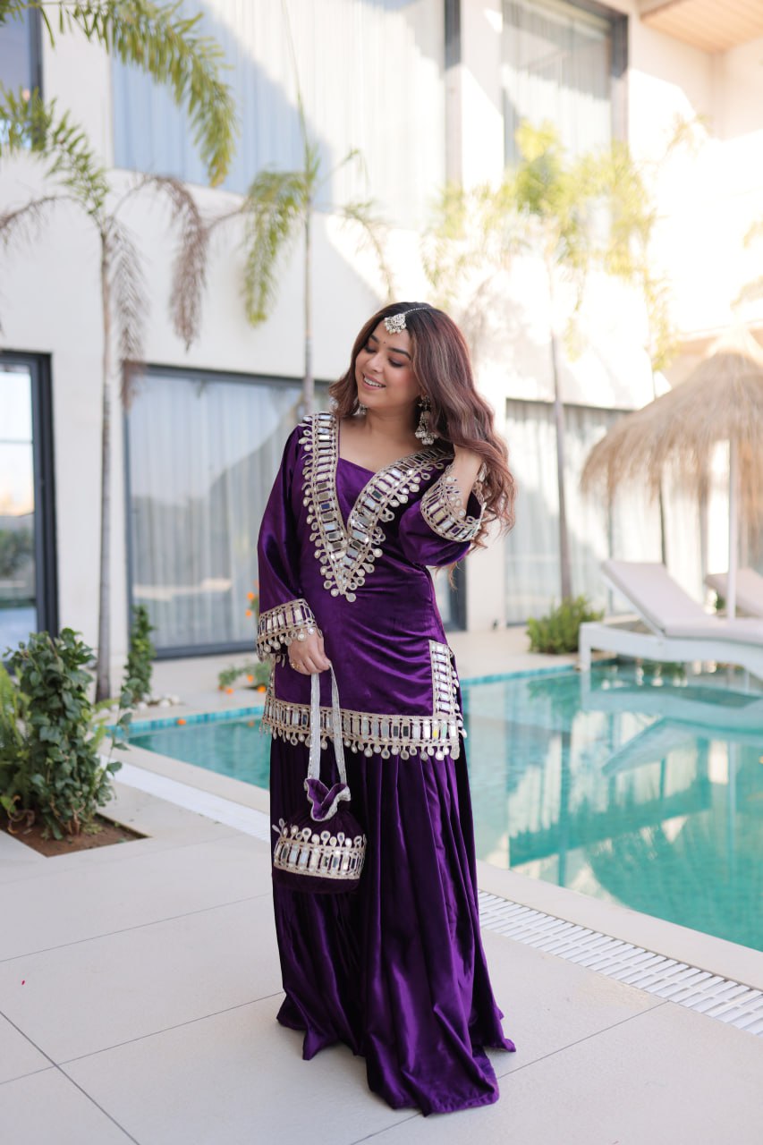 Shakira Luxury Blue & Purple Velvet Sharara Set with Zari & Mirror Work