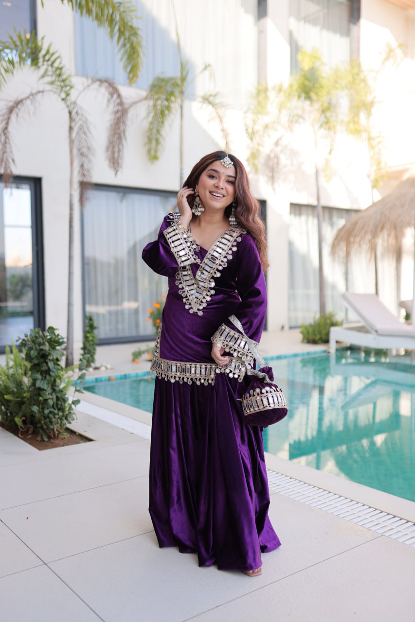 Shakira Luxury Blue & Purple Velvet Sharara Set with Zari & Mirror Work