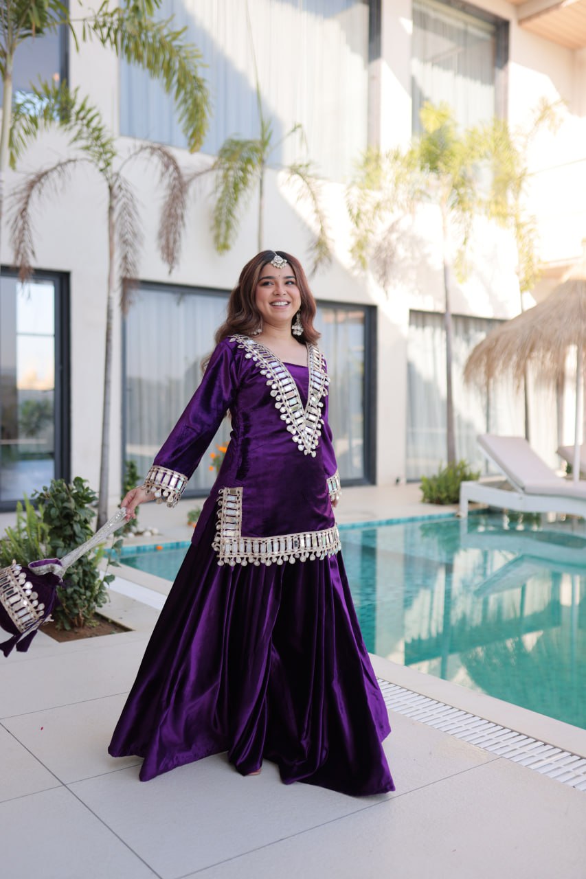 Shakira Luxury Blue & Purple Velvet Sharara Set with Zari & Mirror Work