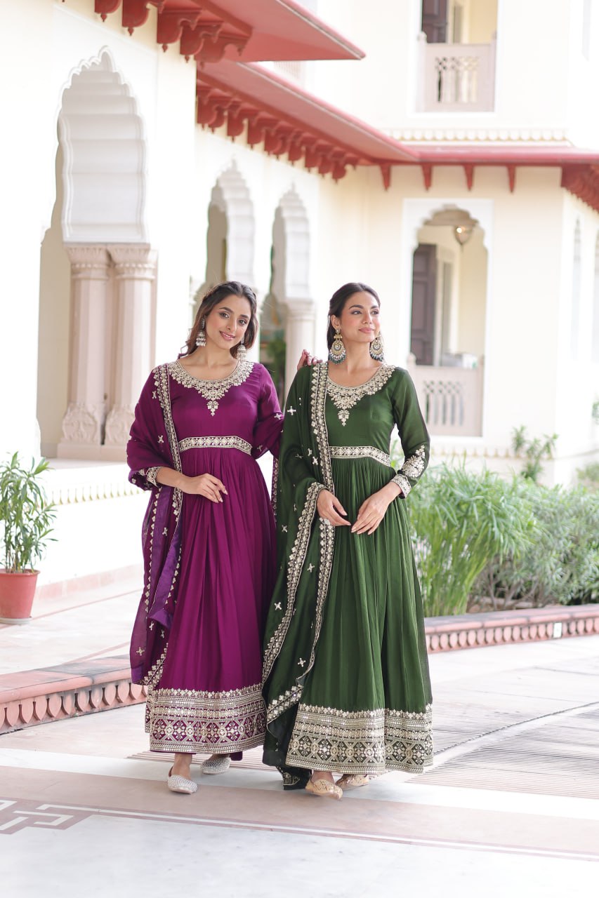 Vijodhya Premium Vichitra Silk Anarkali Gown Set with Dupatta