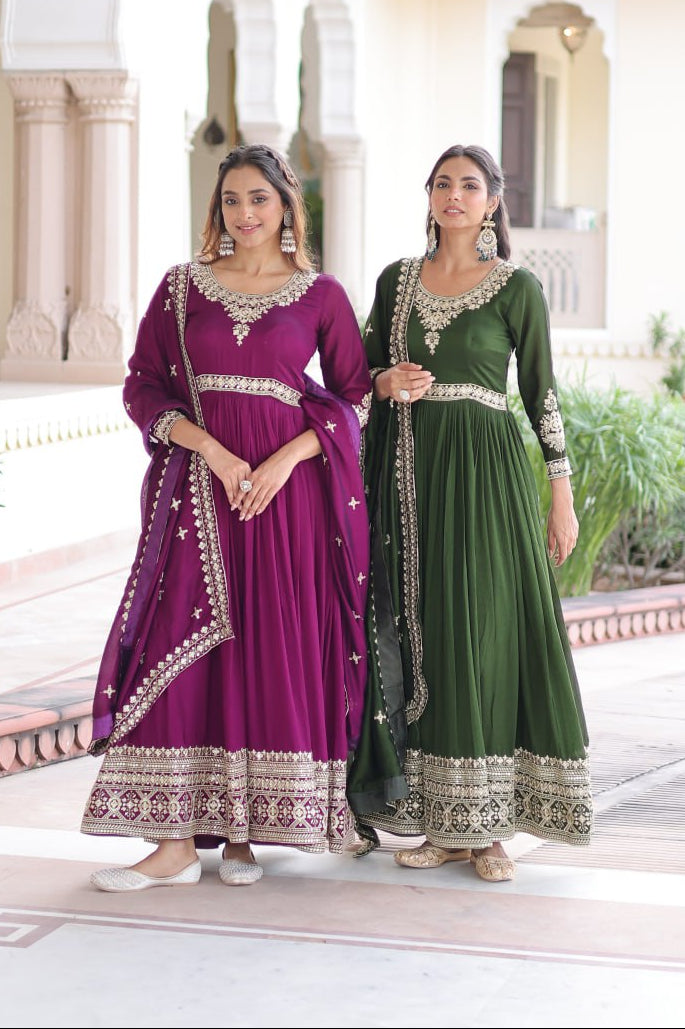 Vijodhya Premium Vichitra Silk Anarkali Gown Set with Dupatta