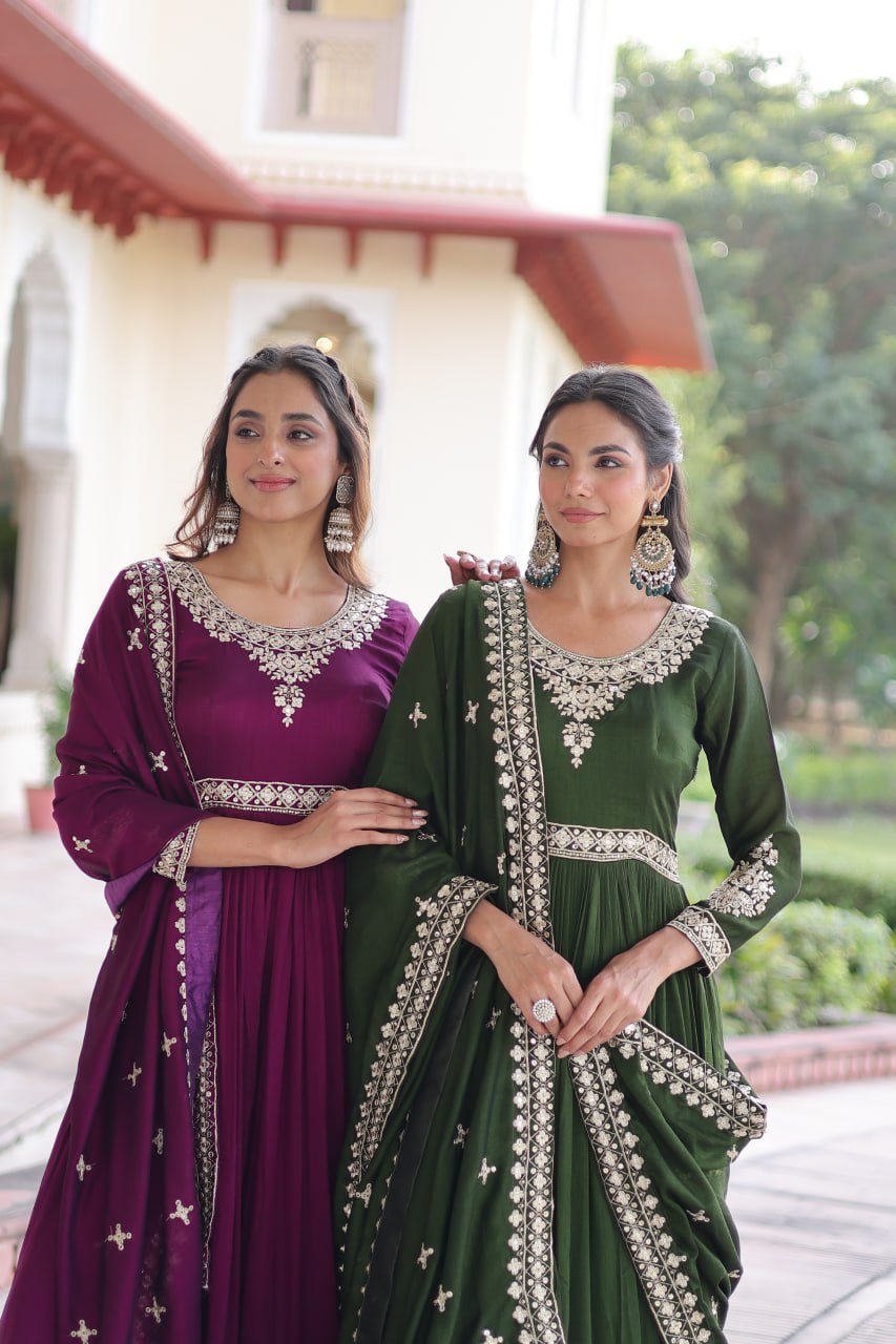 Vijodhya Premium Vichitra Silk Anarkali Gown Set with Dupatta