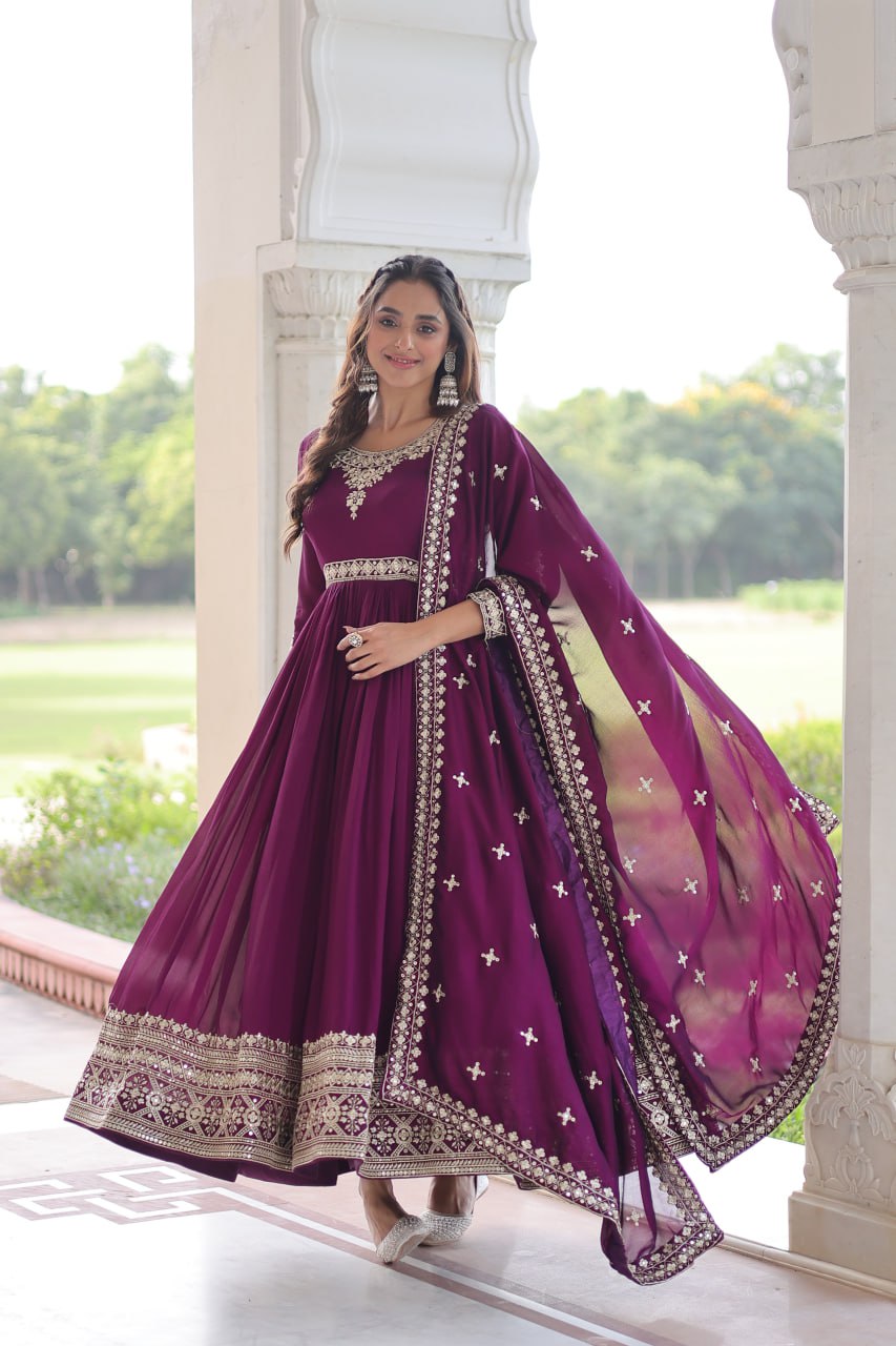 Vijodhya Premium Vichitra Silk Anarkali Gown Set with Dupatta