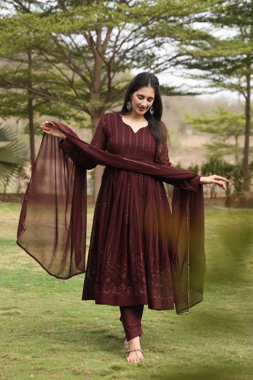 Brown Designer Georgette Premium Anarkali Suit Set