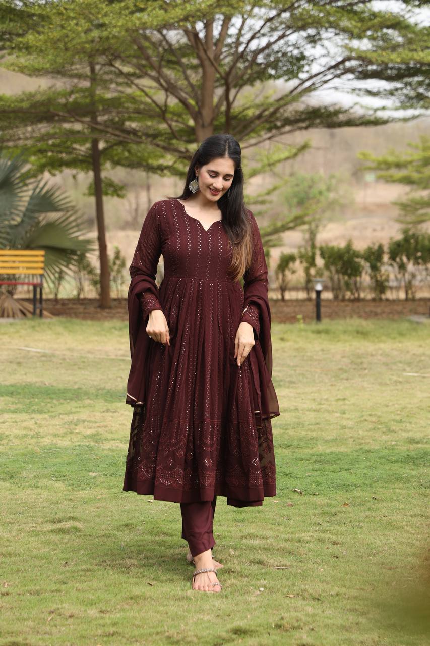 Brown Designer Georgette Premium Anarkali Suit Set