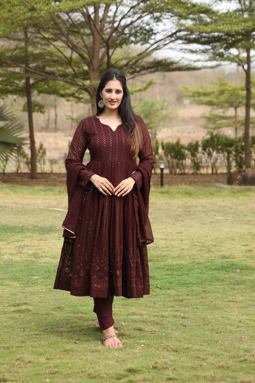 Brown Designer Georgette Premium Anarkali Suit Set