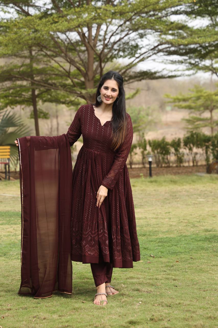 Brown Designer Georgette Premium Anarkali Suit Set