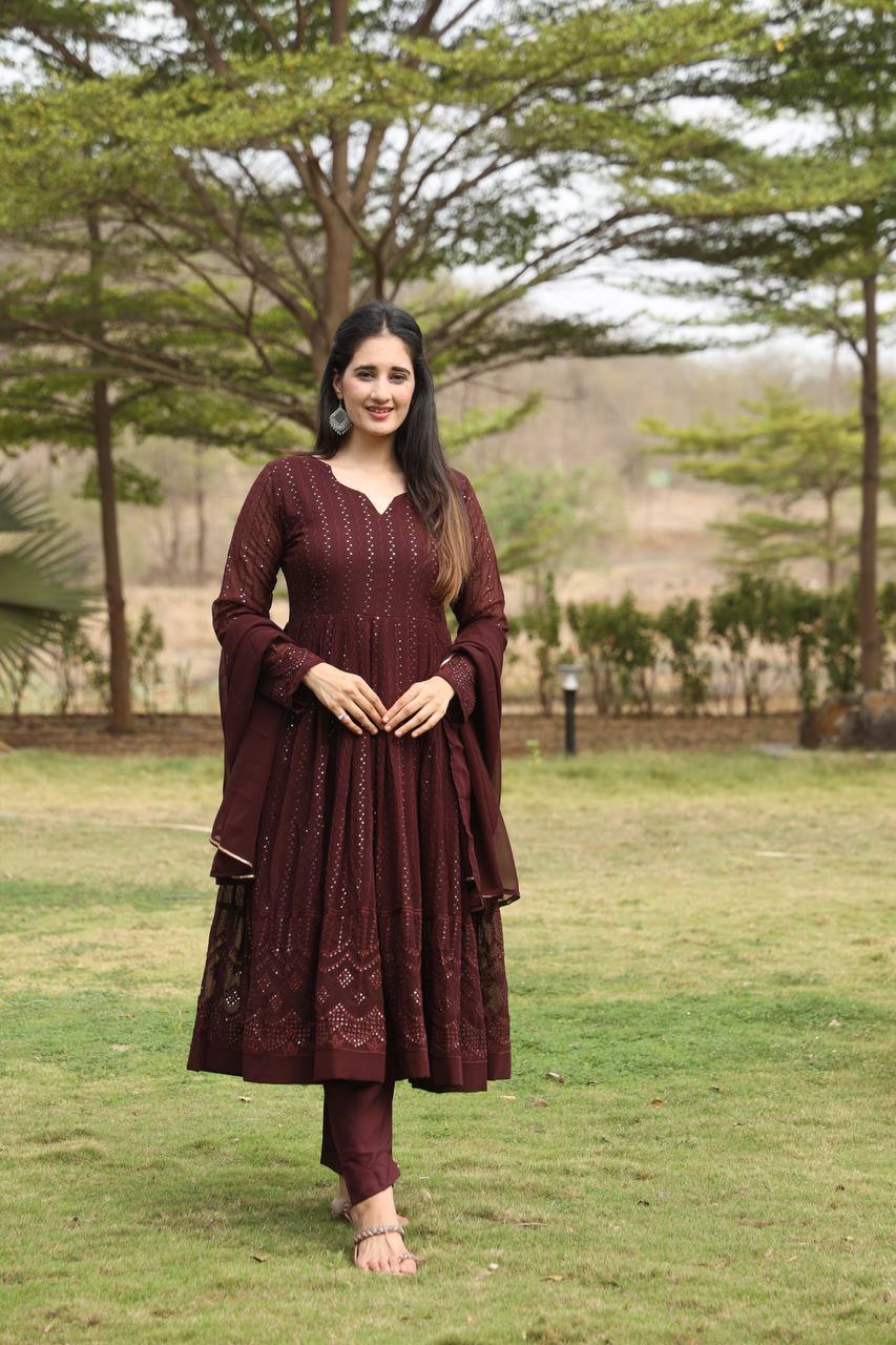 Brown Designer Georgette Premium Anarkali Suit Set
