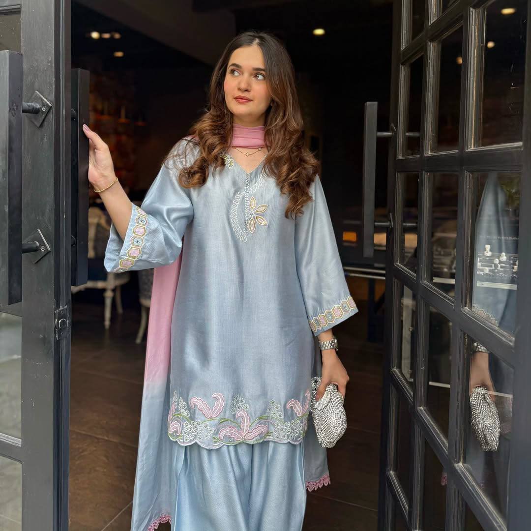 Graceful Pastel Blue Kurta Set with Pink Accents