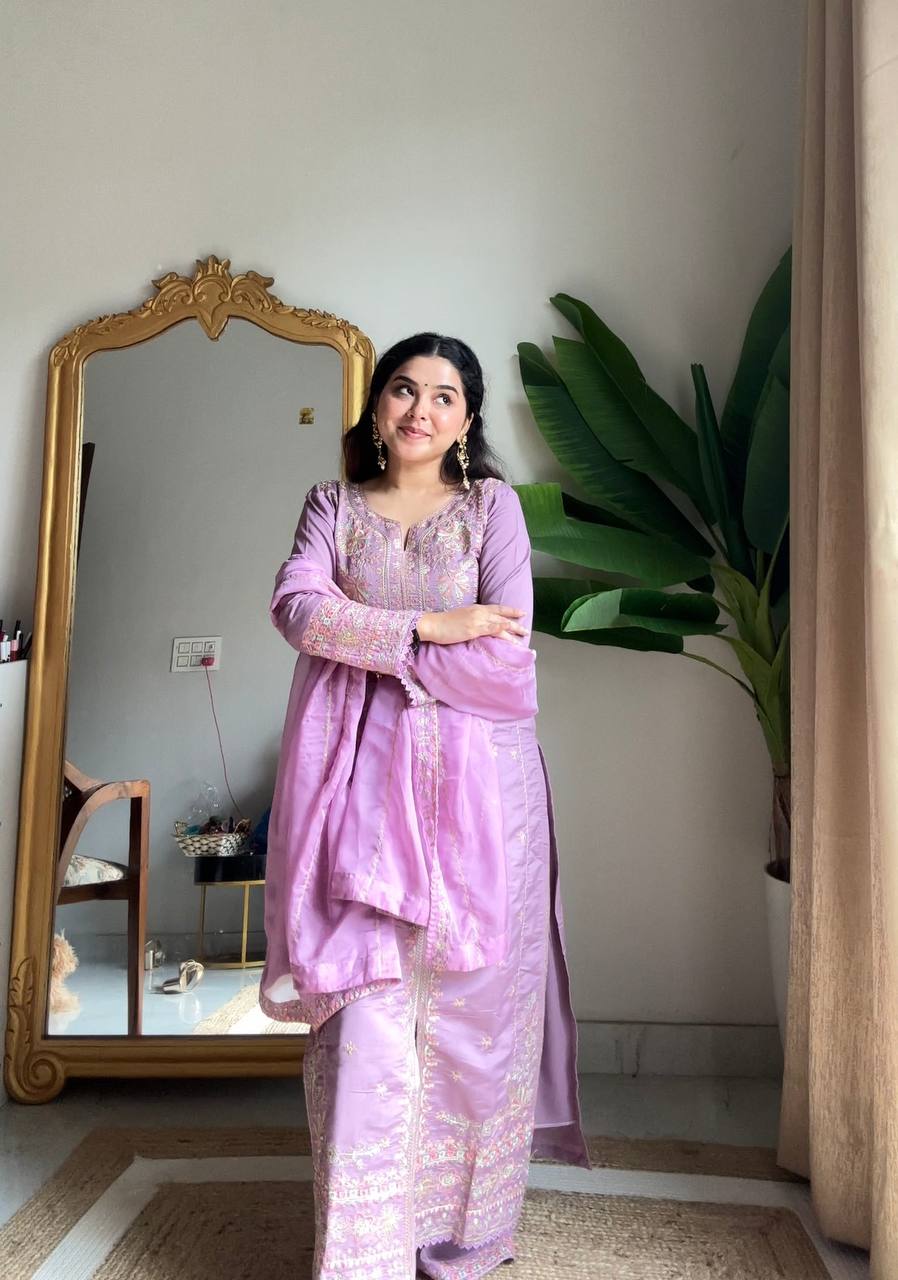 New Designer Premium Roman Silk Kurta With Plazzo Set