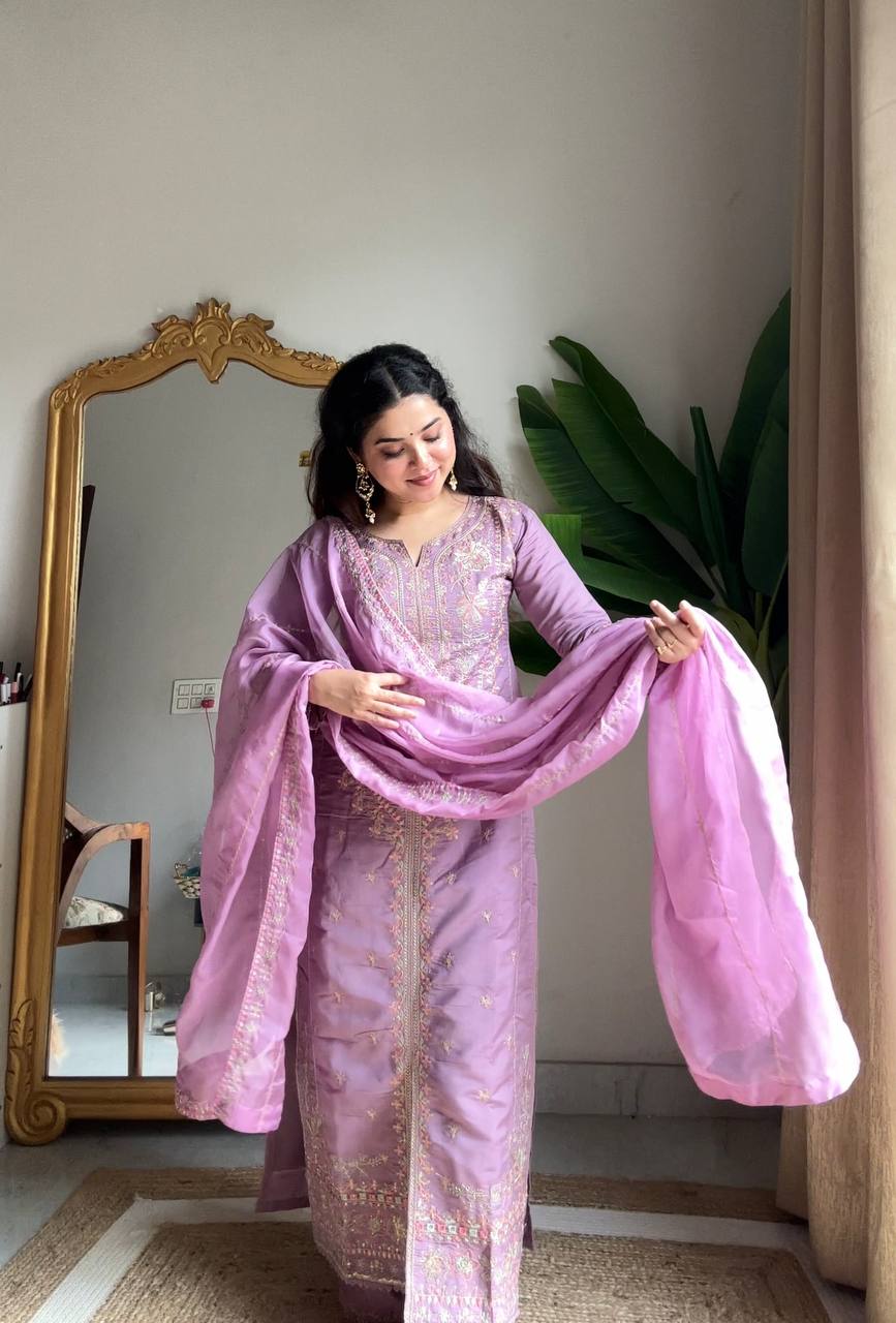 New Designer Premium Roman Silk Kurta With Plazzo Set