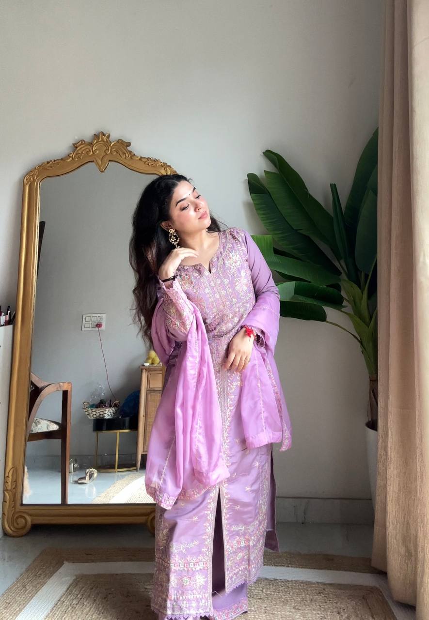 New Designer Premium Roman Silk Kurta With Plazzo Set