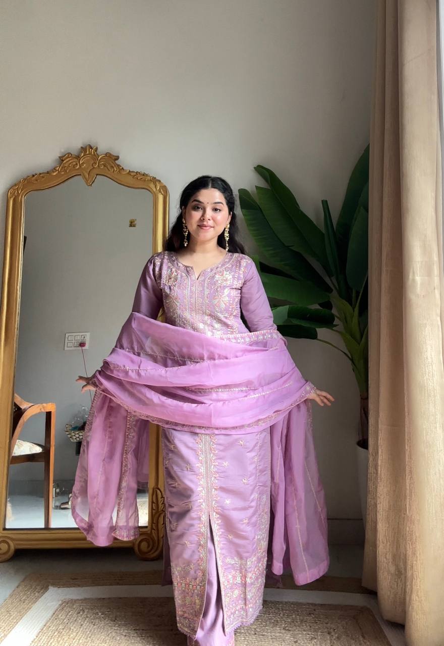 New Designer Premium Roman Silk Kurta With Plazzo Set