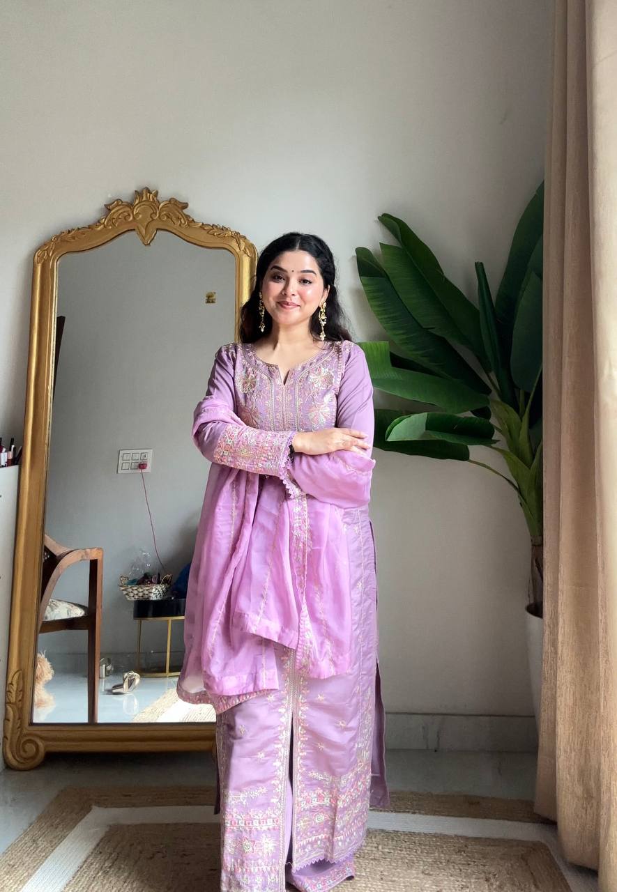 New Designer Premium Roman Silk Kurta With Plazzo Set
