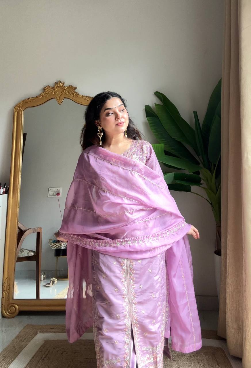 New Designer Premium Roman Silk Kurta With Plazzo Set