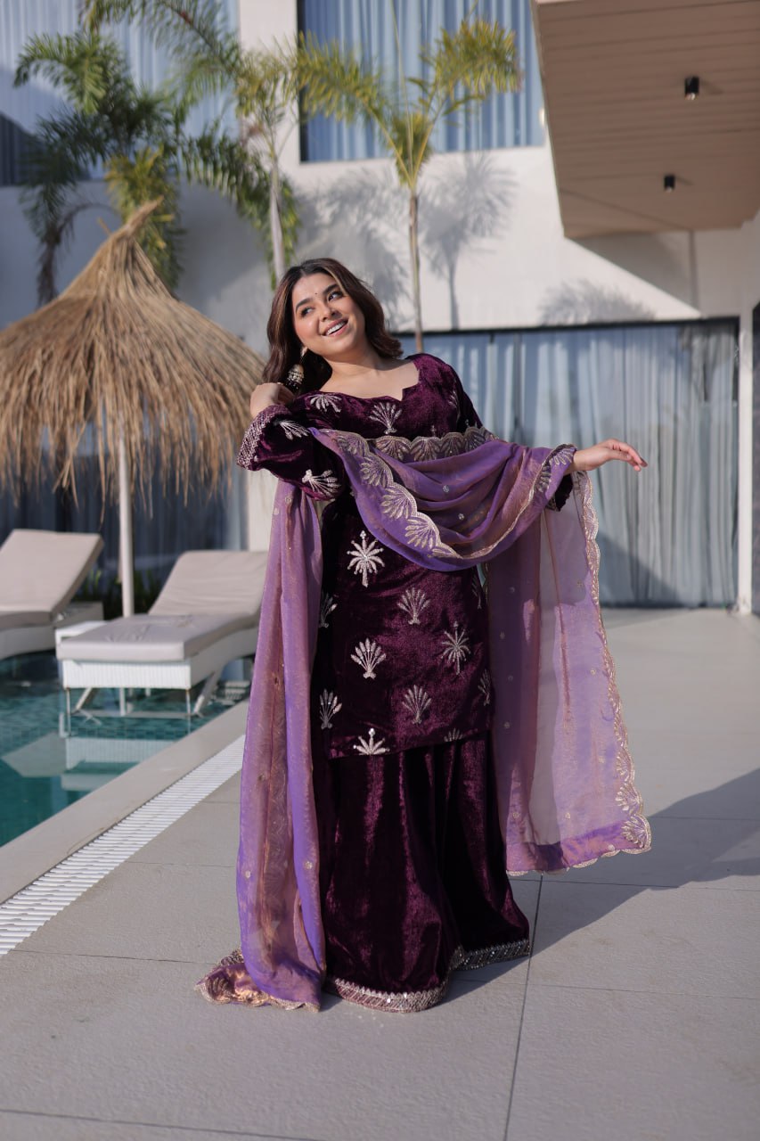 Elegant Ice Velvet Palazzo Set with Rich Zari Embroidery Kurta Set