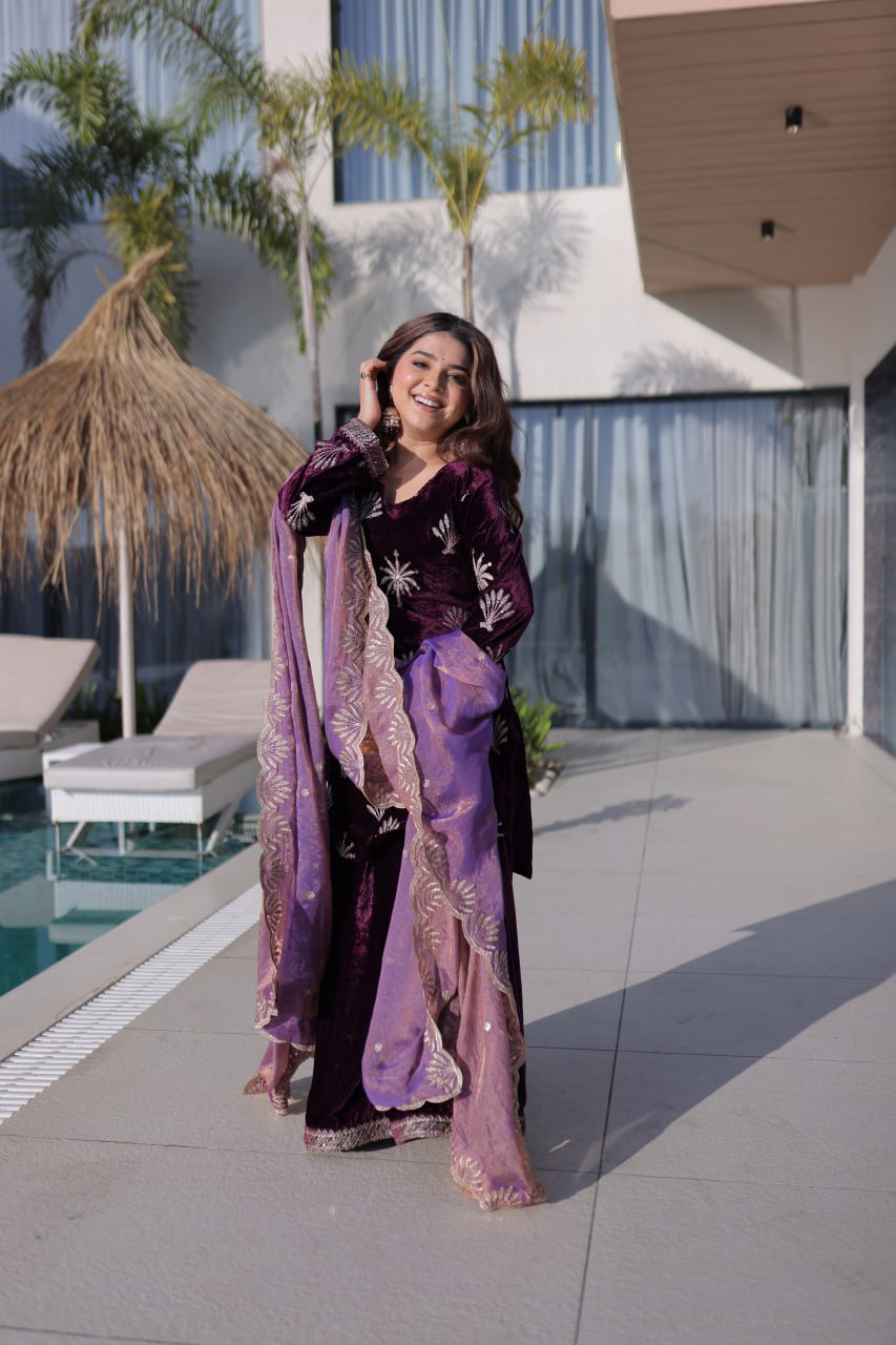 Elegant Ice Velvet Palazzo Set with Rich Zari Embroidery Kurta Set