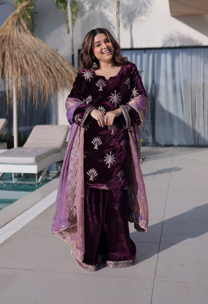 Elegant Ice Velvet Palazzo Set with Rich Zari Embroidery Kurta Set