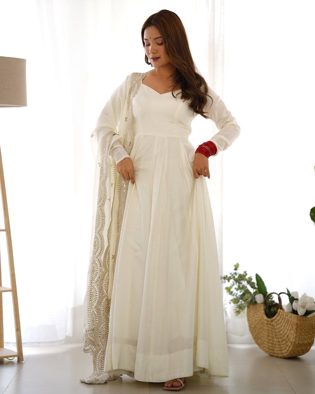 White Designer Roman Silk Chanderi Anarkali – 5.5 Mtr Flair with Embroidered Dupatta & Pant