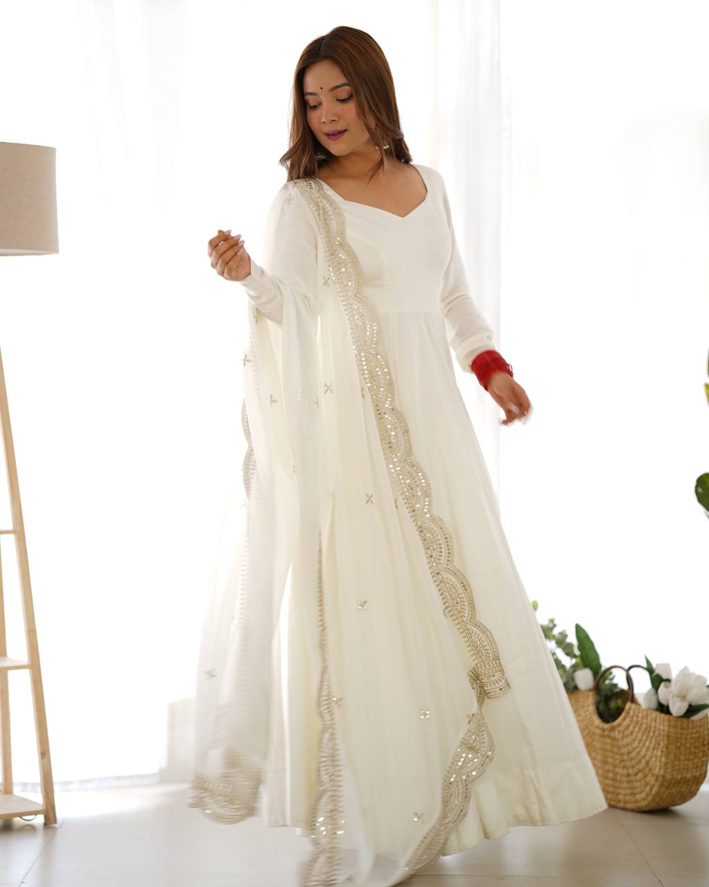 White Designer Roman Silk Chanderi Anarkali – 5.5 Mtr Flair with Embroidered Dupatta & Pant