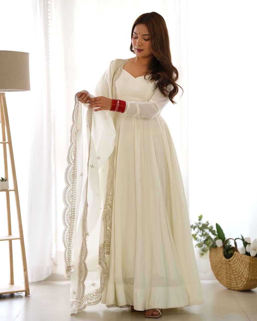 White Designer Roman Silk Chanderi Anarkali – 5.5 Mtr Flair with Embroidered Dupatta & Pant