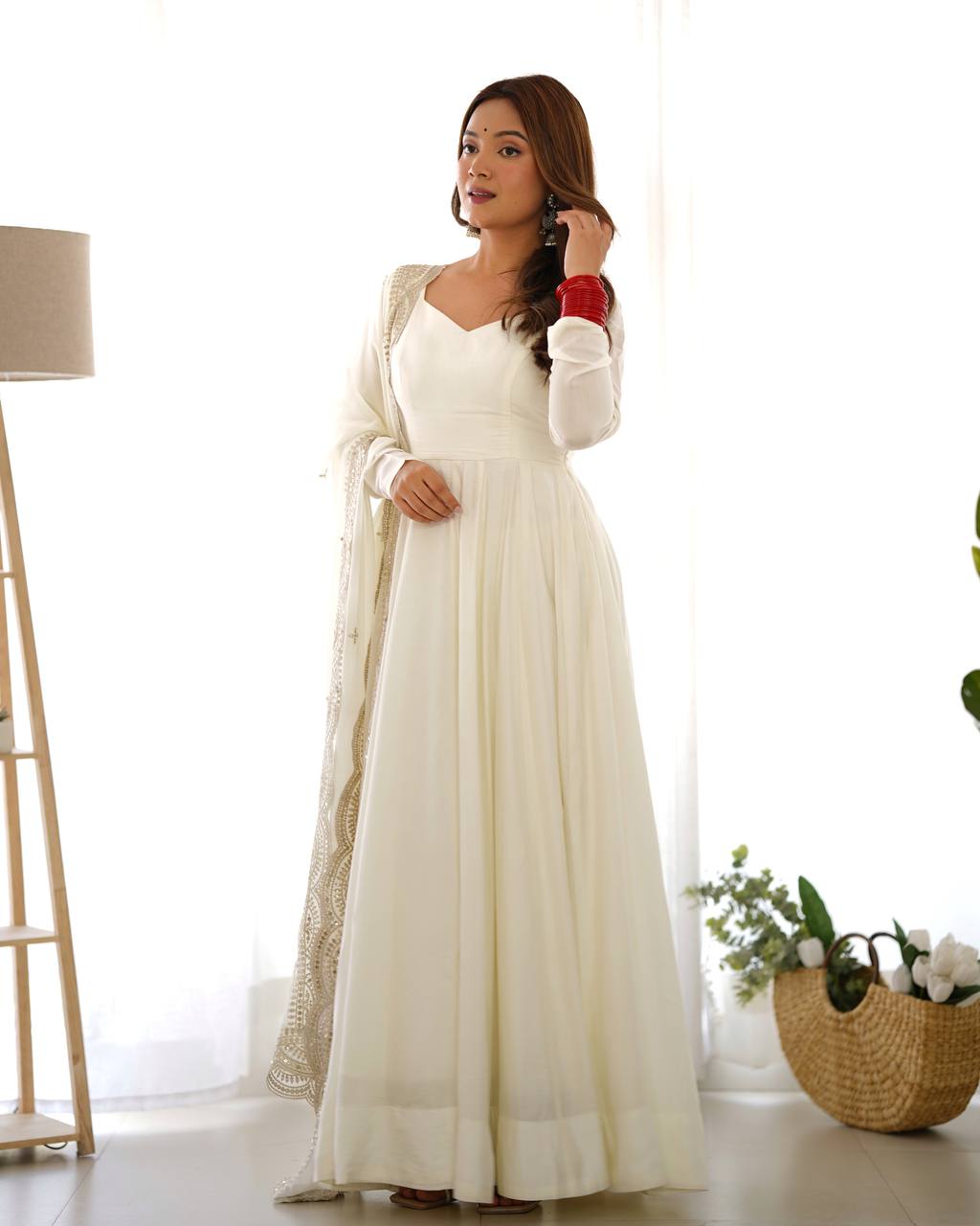White Designer Roman Silk Chanderi Anarkali – 5.5 Mtr Flair with Embroidered Dupatta & Pant