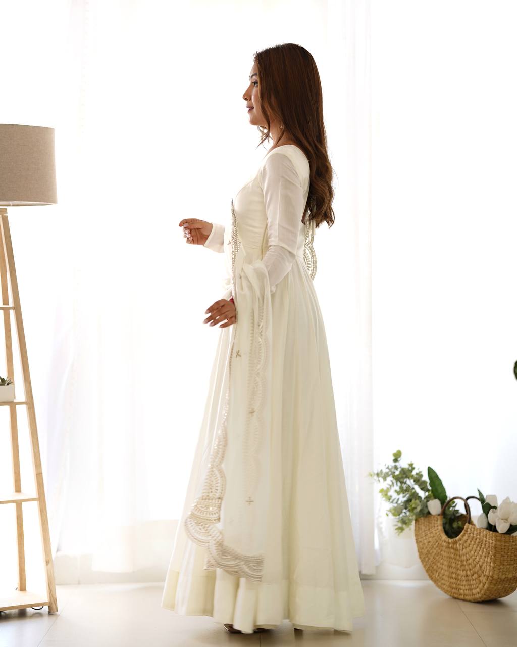 White Designer Roman Silk Chanderi Anarkali – 5.5 Mtr Flair with Embroidered Dupatta & Pant