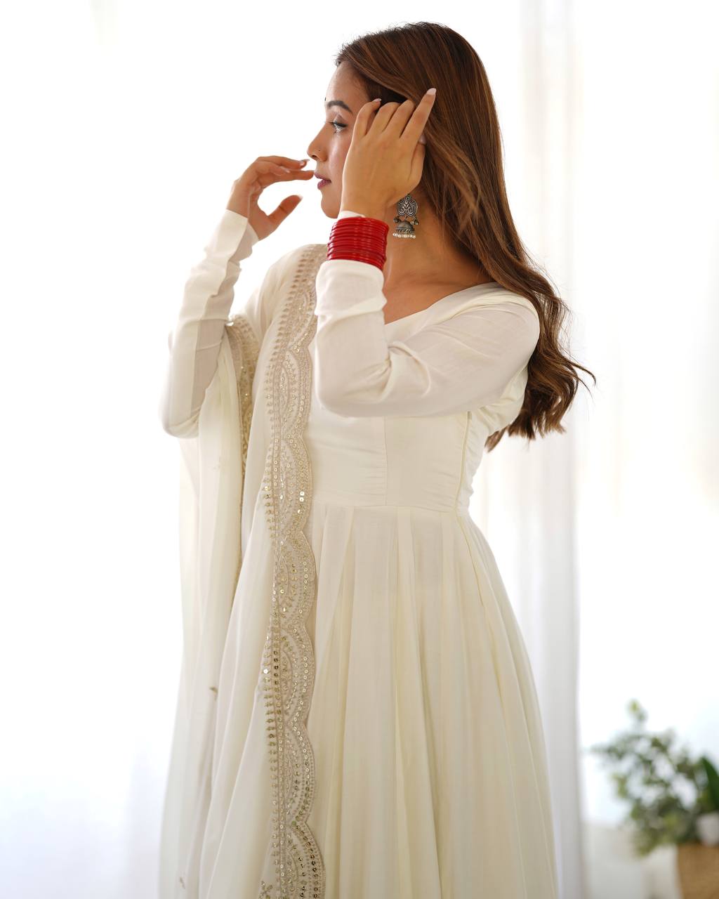 White Designer Roman Silk Chanderi Anarkali – 5.5 Mtr Flair with Embroidered Dupatta & Pant