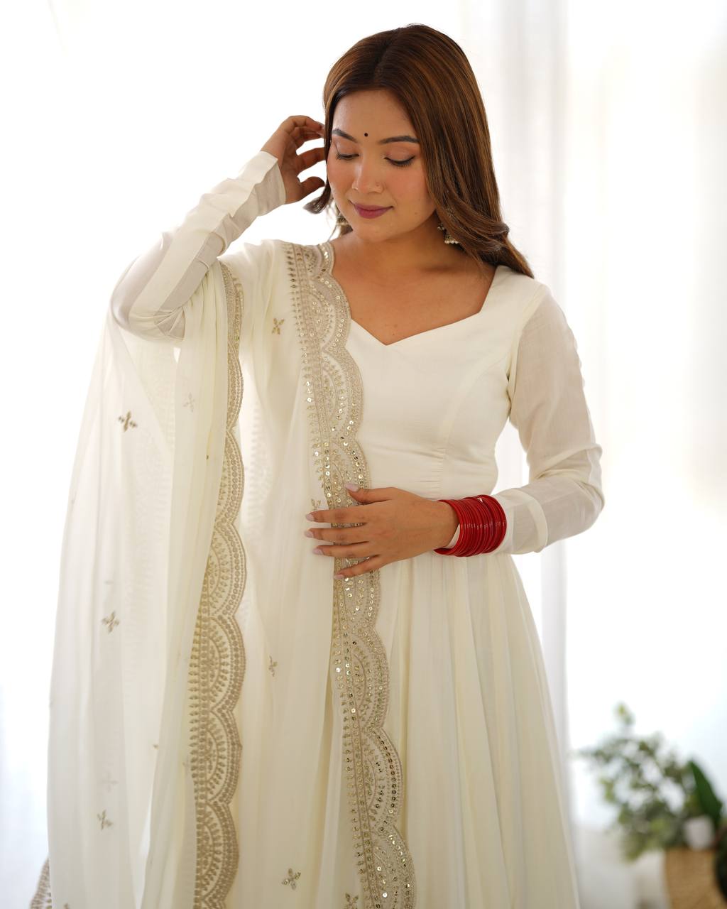 White Designer Roman Silk Chanderi Anarkali – 5.5 Mtr Flair with Embroidered Dupatta & Pant