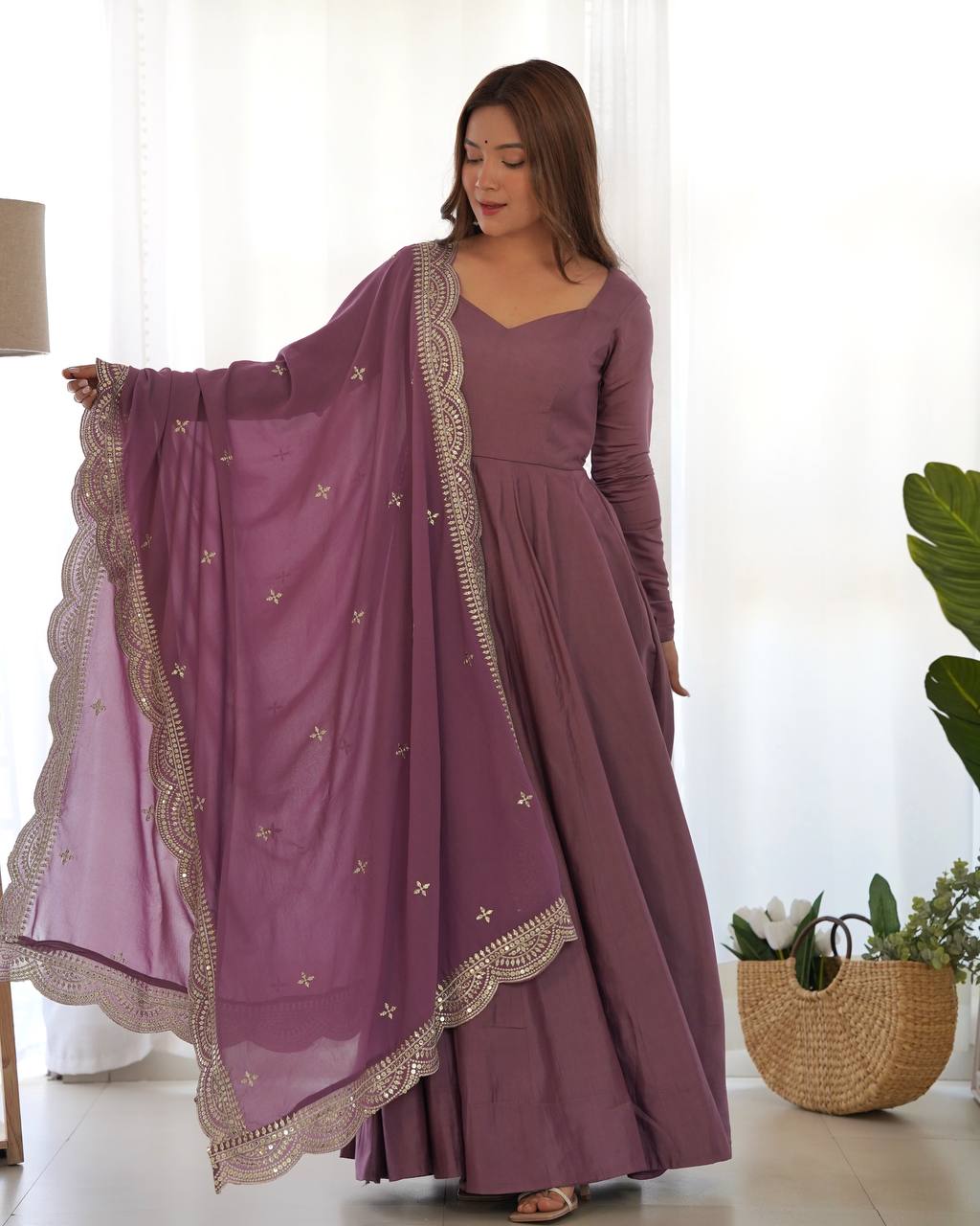 Pink Designer Roman Silk Chanderi Anarkali – 5.5 Mtr Flair with Embroidered Dupatta & Pant