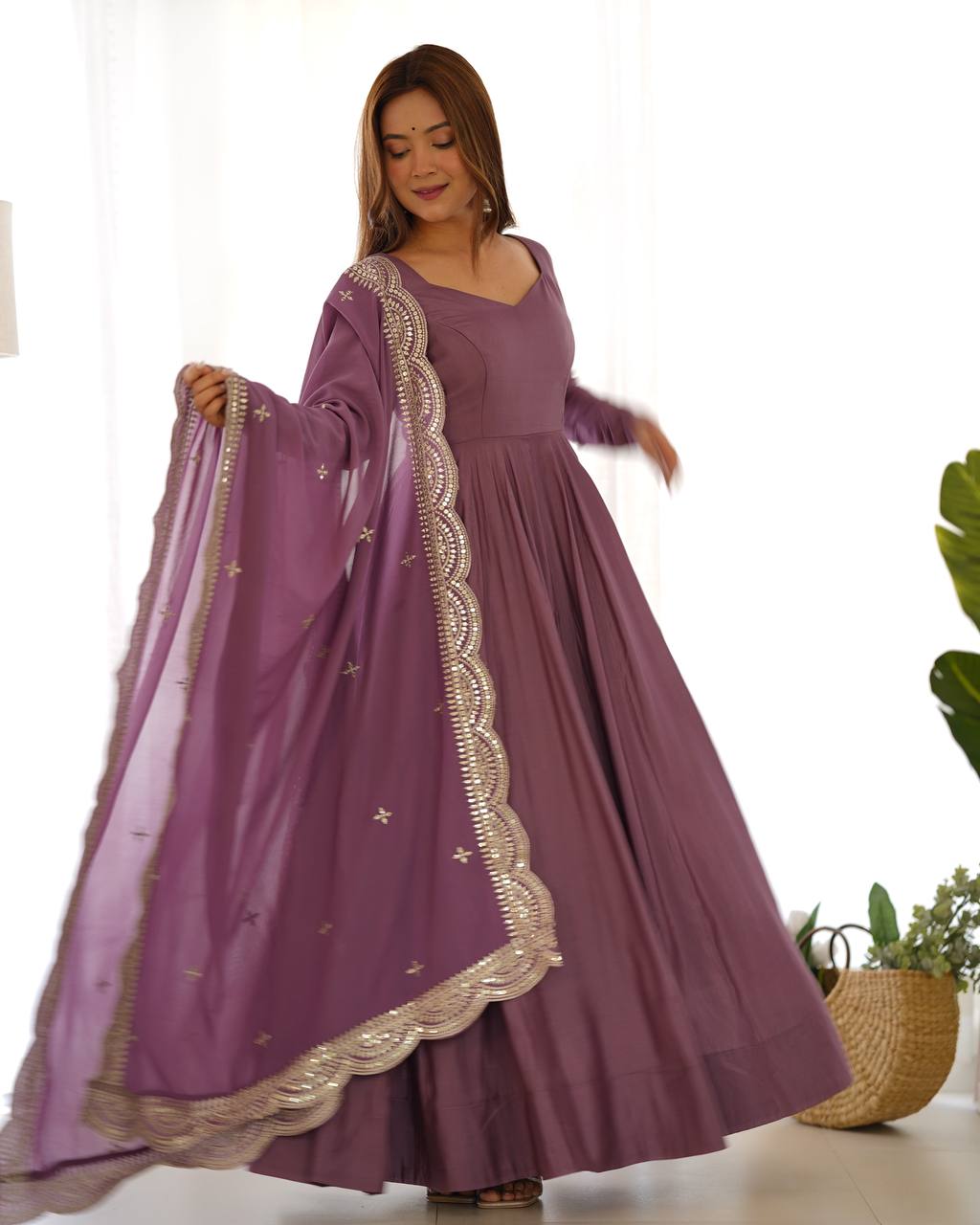 Pink Designer Roman Silk Chanderi Anarkali – 5.5 Mtr Flair with Embroidered Dupatta & Pant