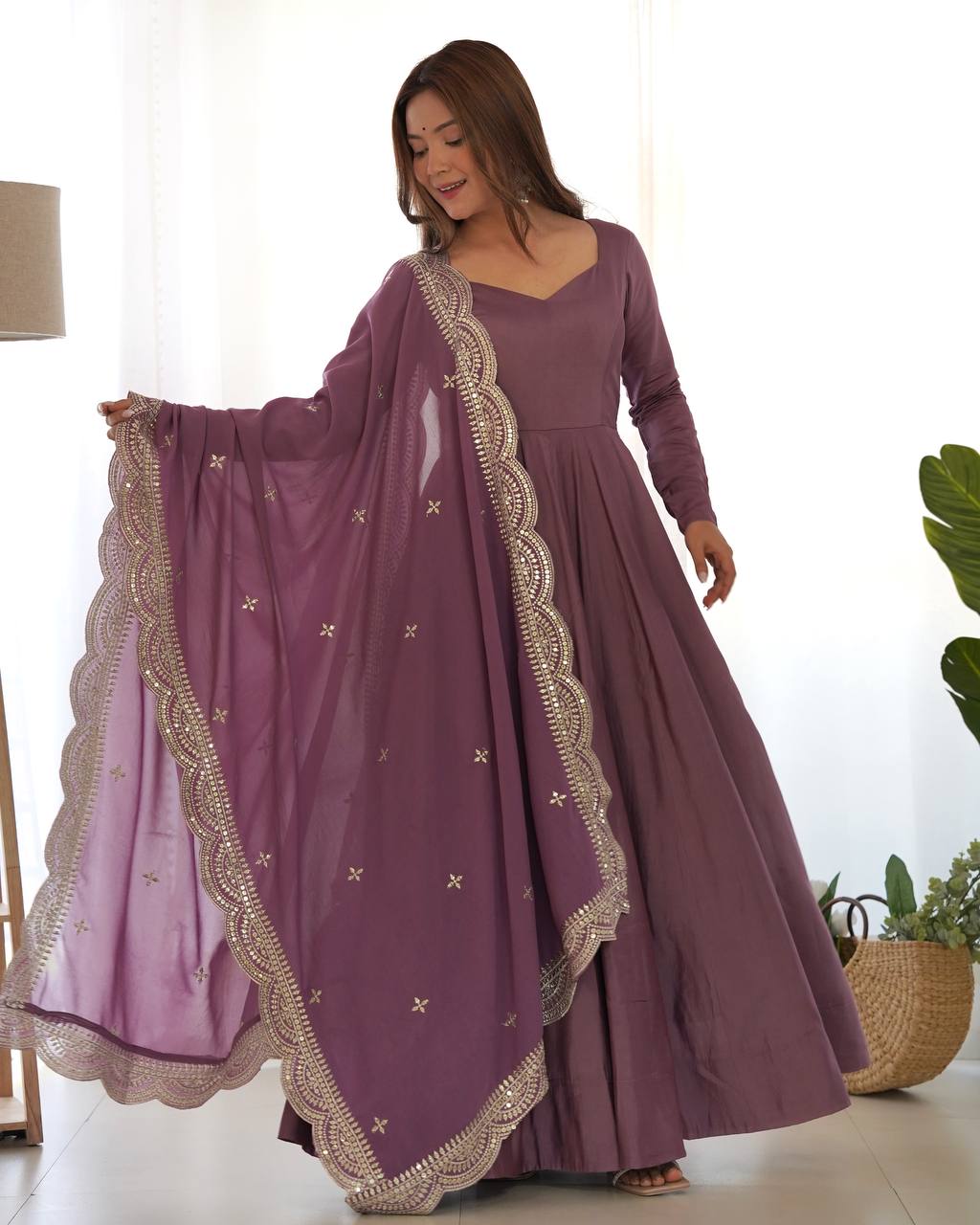 Pink Designer Roman Silk Chanderi Anarkali – 5.5 Mtr Flair with Embroidered Dupatta & Pant
