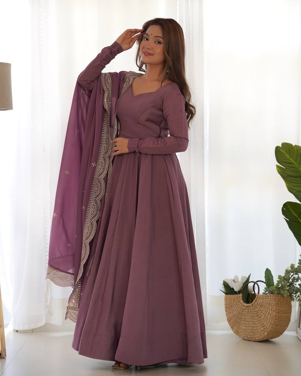 Pink Designer Roman Silk Chanderi Anarkali – 5.5 Mtr Flair with Embroidered Dupatta & Pant