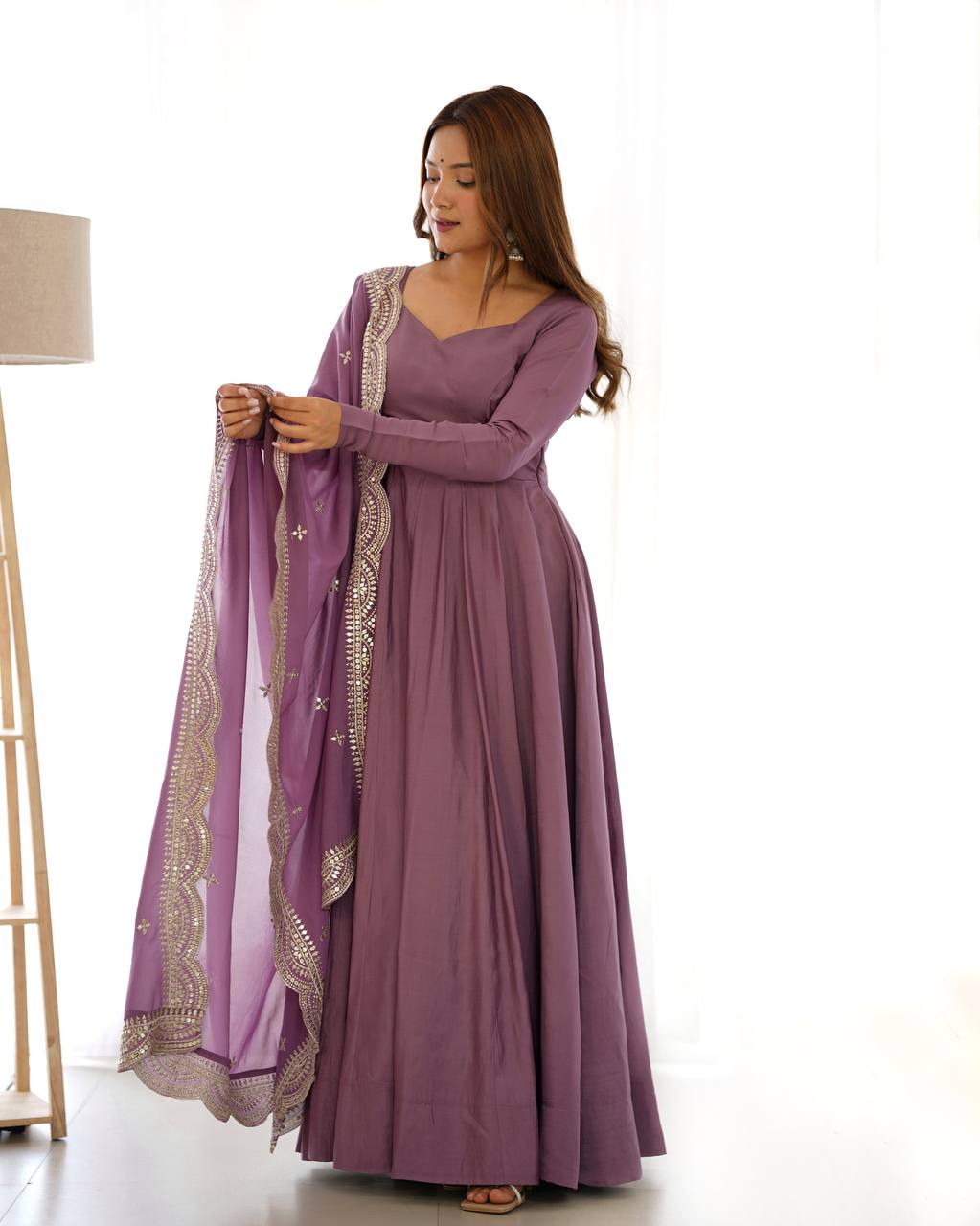 Pink Designer Roman Silk Chanderi Anarkali – 5.5 Mtr Flair with Embroidered Dupatta & Pant