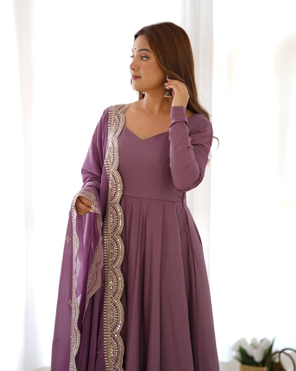 Pink Designer Roman Silk Chanderi Anarkali – 5.5 Mtr Flair with Embroidered Dupatta & Pant