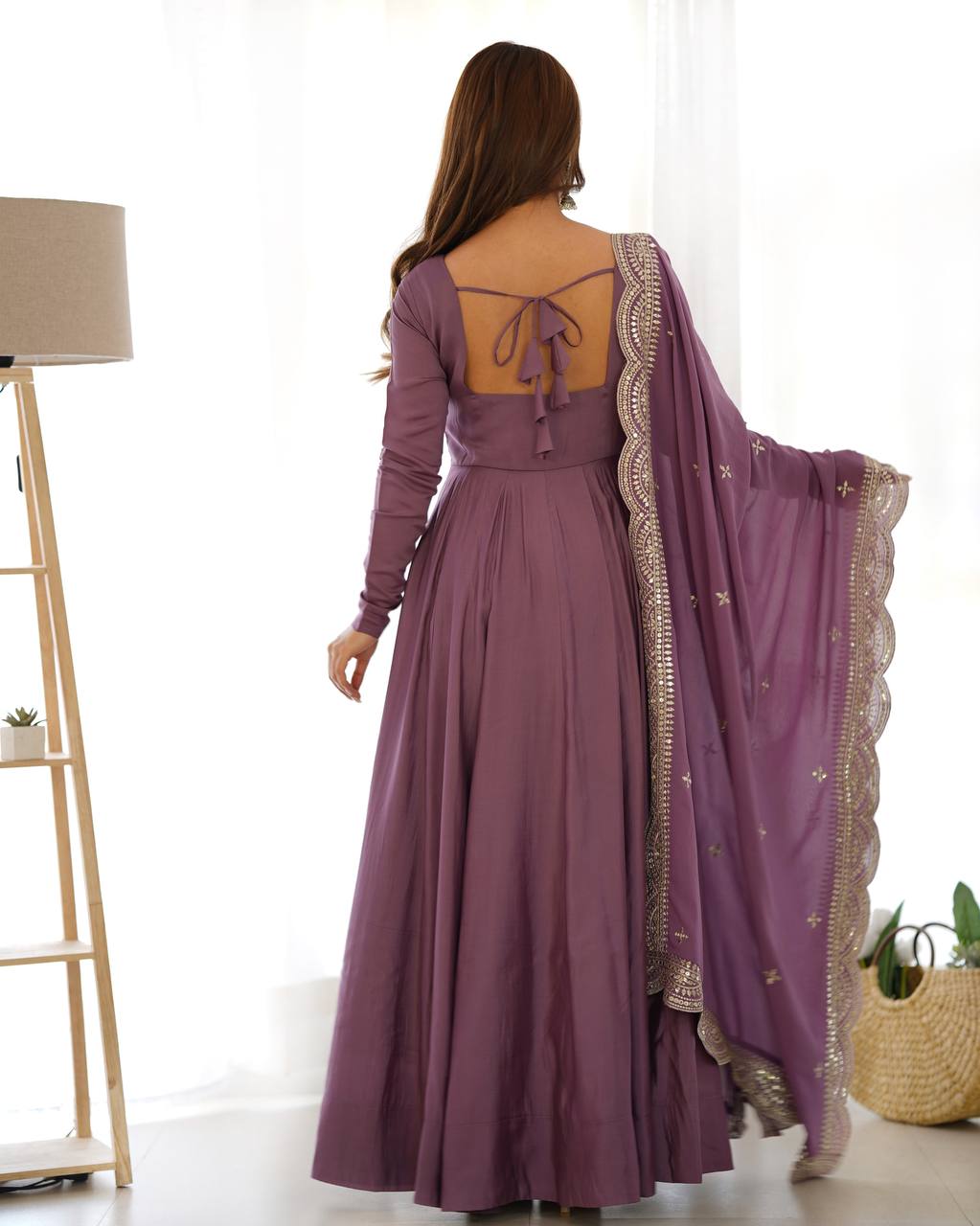 Pink Designer Roman Silk Chanderi Anarkali – 5.5 Mtr Flair with Embroidered Dupatta & Pant