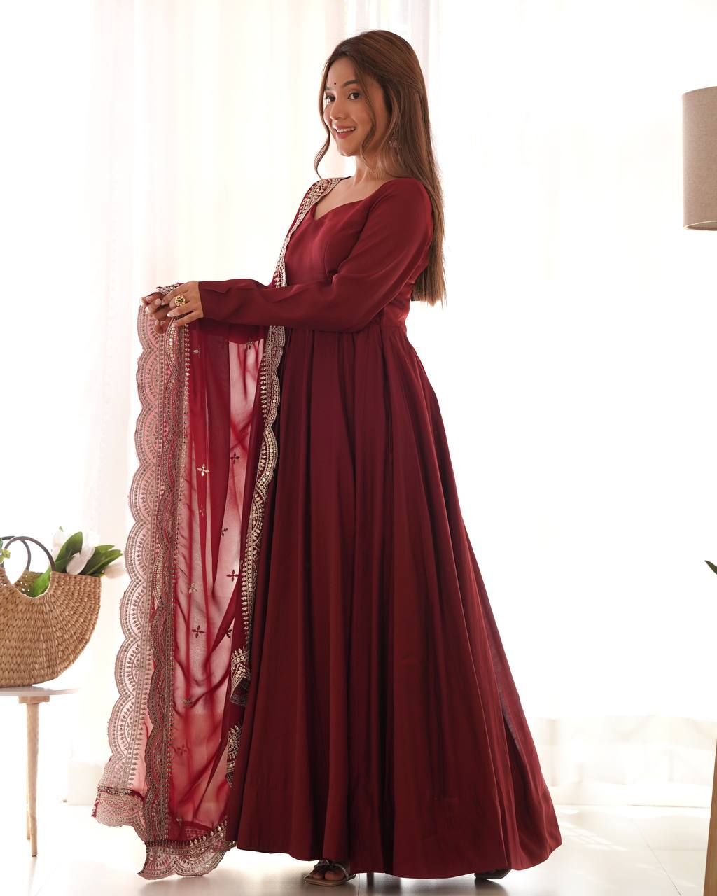 Maroon Designer Roman Silk Chanderi Anarkali – 5.5 Mtr Flair with Embroidered Dupatta & Pant