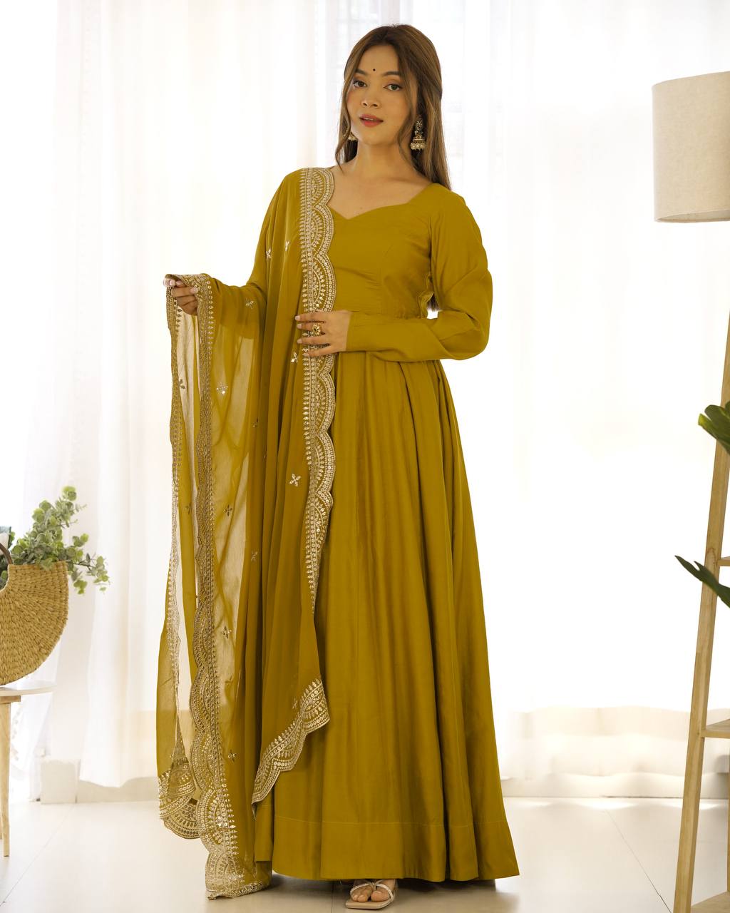 Mustard Designer Roman Silk Chanderi Anarkali – 5.5 Mtr Flair with Embroidered Dupatta & Pant