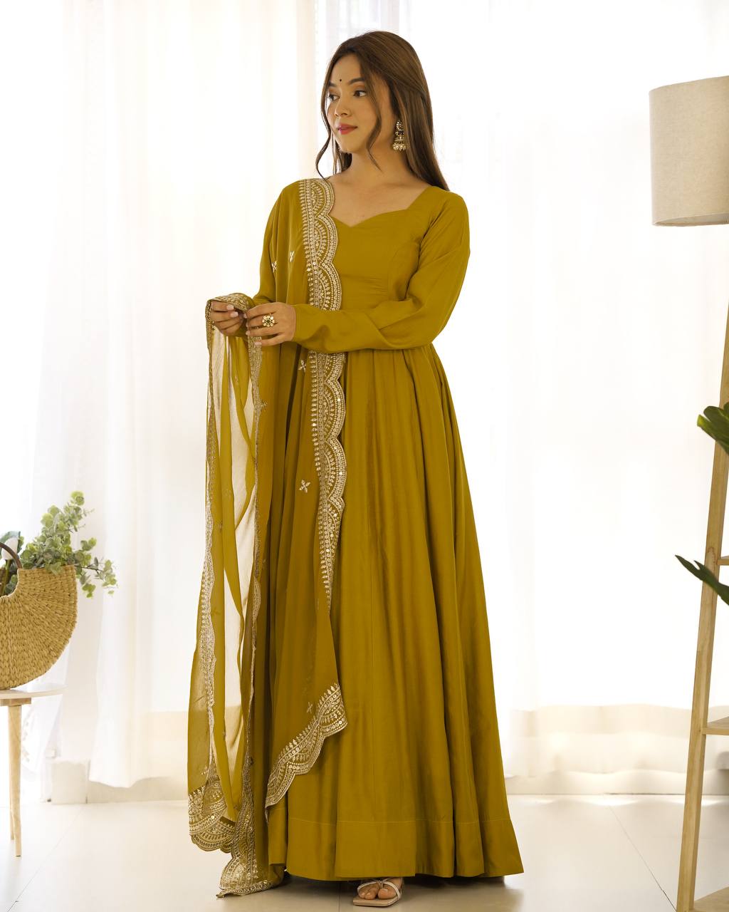Mustard Designer Roman Silk Chanderi Anarkali – 5.5 Mtr Flair with Embroidered Dupatta & Pant