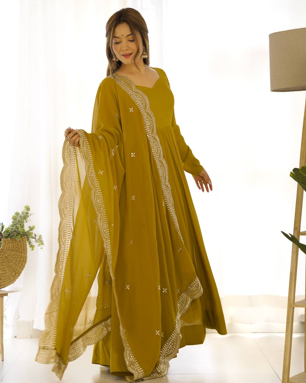 Mustard Designer Roman Silk Chanderi Anarkali – 5.5 Mtr Flair with Embroidered Dupatta & Pant