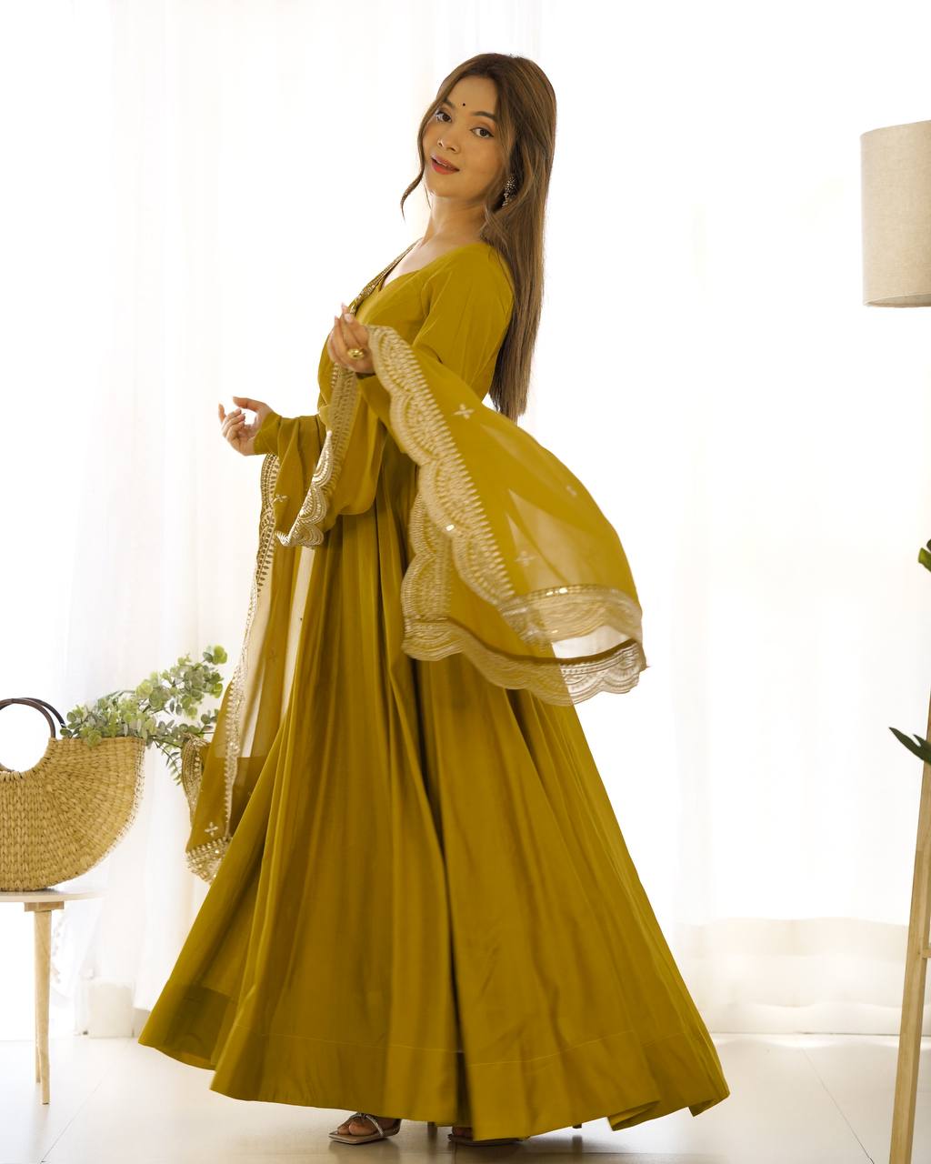 Mustard Designer Roman Silk Chanderi Anarkali – 5.5 Mtr Flair with Embroidered Dupatta & Pant