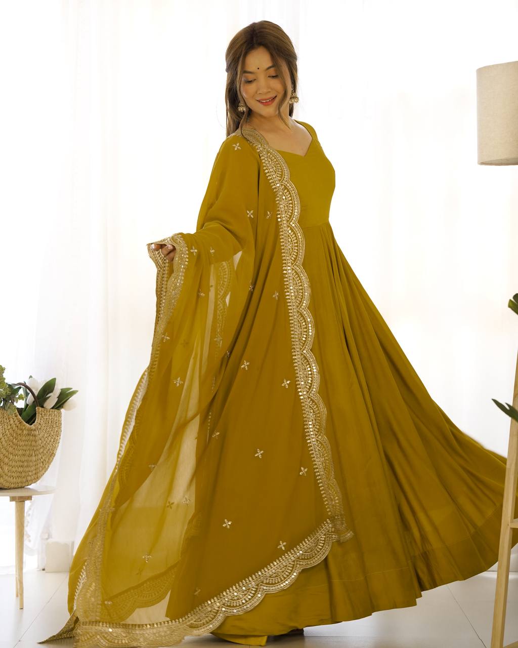 Mustard Designer Roman Silk Chanderi Anarkali – 5.5 Mtr Flair with Embroidered Dupatta & Pant