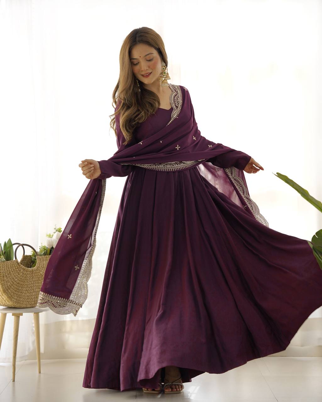 Wine Designer Roman Silk Chanderi Anarkali – 5.5 Mtr Flair with Embroidered Dupatta & Pant