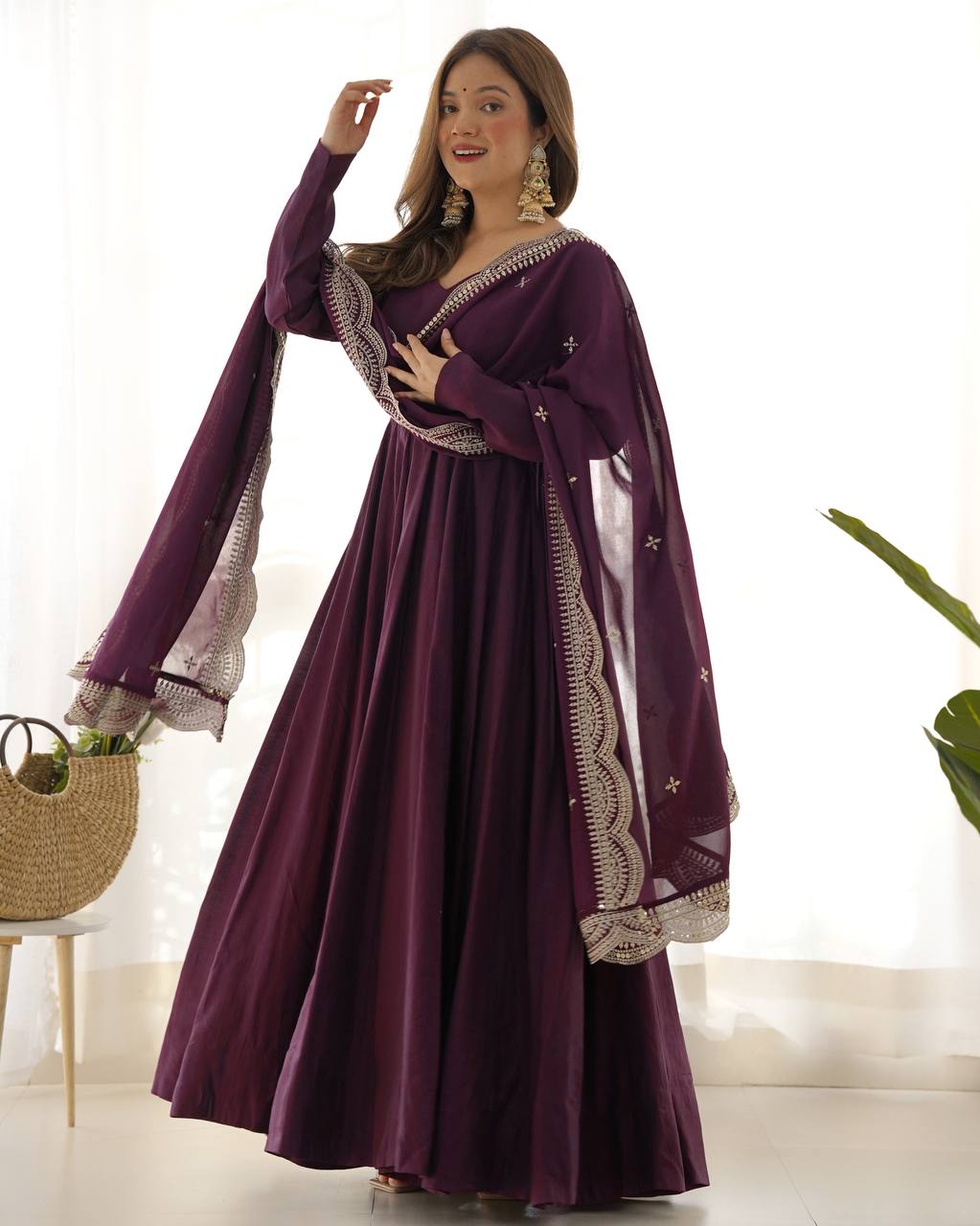 Wine Designer Roman Silk Chanderi Anarkali – 5.5 Mtr Flair with Embroidered Dupatta & Pant