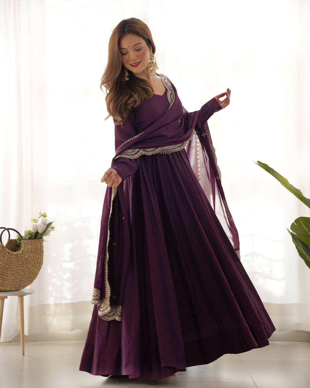 Wine Designer Roman Silk Chanderi Anarkali – 5.5 Mtr Flair with Embroidered Dupatta & Pant
