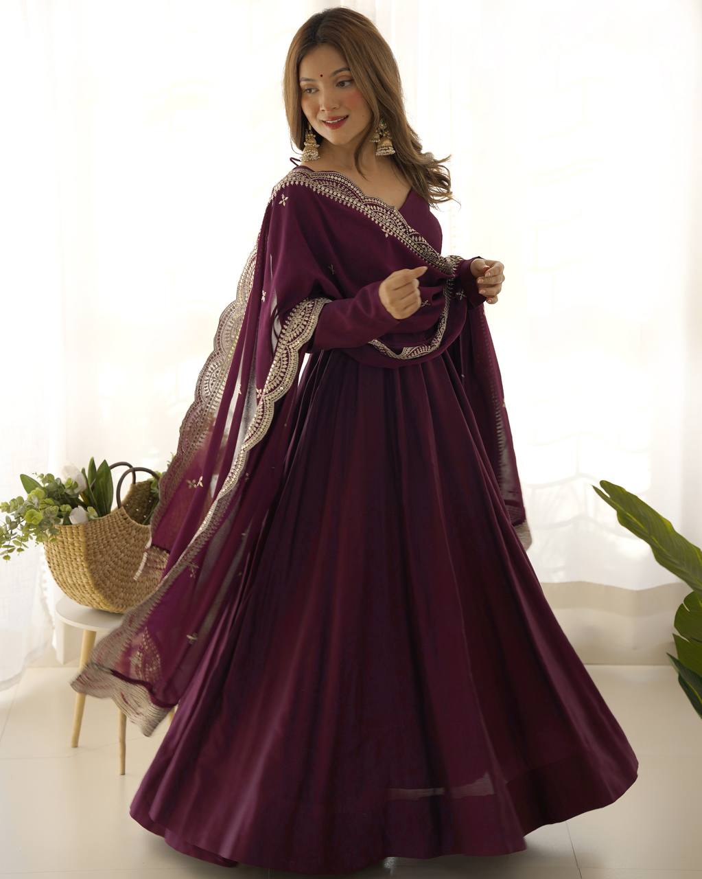 Wine Designer Roman Silk Chanderi Anarkali – 5.5 Mtr Flair with Embroidered Dupatta & Pant
