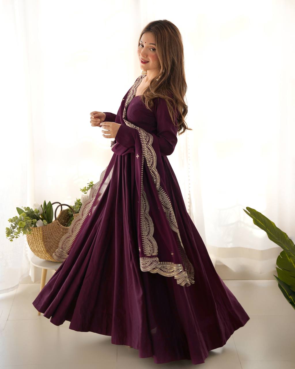 Wine Designer Roman Silk Chanderi Anarkali – 5.5 Mtr Flair with Embroidered Dupatta & Pant